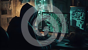 Hacker in a dark room programming malicious code on a computer screen with lines of data