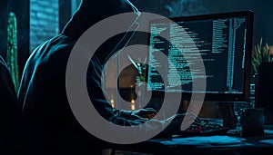 Hacker in a dark room programming malicious code on a computer screen with lines of data