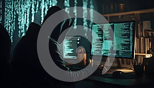 Hacker in a dark room programming malicious code on a computer screen with lines of data