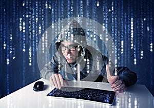 Hacker decoding information from futuristic network technology