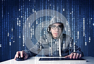 Hacker decoding information from futuristic network technology