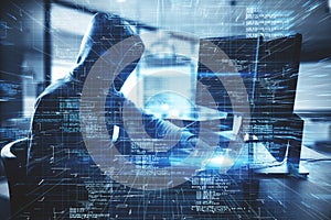 Hacker at desktop using computer with creative glowing coding big data interface on dark interior background. Technology and