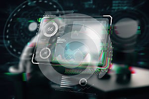 Hacker at desktop using computers on abstract glowing business hologram interface on dark background. Security, hacking,