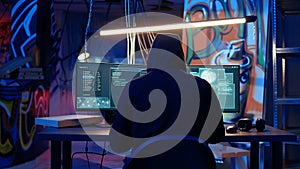 Hacker devising plan, coding malware designed to exploit network