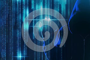 Hacker and digital binary code on background. Cyber crime concept