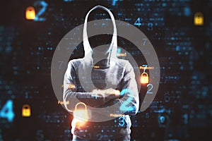 Hacker and digital padlock interface