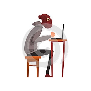 Hacker in Disguise Sitting at Desktop and Working on Laptop, Internet Crime, Computer Security Technology Cartoon Vector