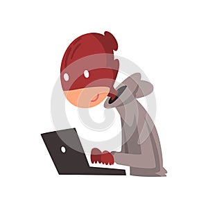 Hacker in Disguise Working on Laptop, Internet Crime, Computer Security Technology Cartoon Vector Illustration
