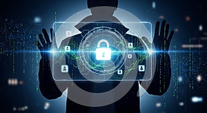 Hacker displays glowing digital padlock and network security interface