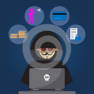 Hacker dressed in black in front of a laptop