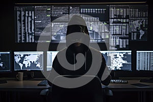 Hacker dressed in a hoodie, sitting in a dark room surrounded by monitors, coding malicious software. Ai generated photo