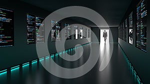 Hacker enters backdoor to server room with computercode screens photo