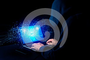 Hacker exploits AI-chip on a laptop in a dark cyber-security scene.