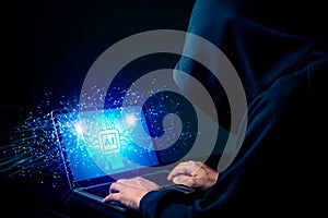 Hacker exploits AI-chip on a laptop in a dark cyber-security scene.
