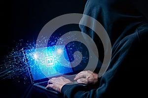 Hacker exploits AI-chip on a laptop in a dark cyber-security scene.