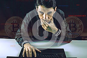Hacker with a face is trying to steal cryptocurrency using a computer. Fraud and scam at Cryptojacking