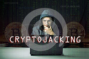 Hacker with a face is trying to steal cryptocurrency using a computer. Fraud and scam at Cryptojacking