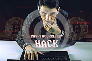 Hacker with a face is trying to steal cryptocurrency using a computer. Scam at Cryptojacking