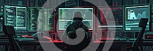 A hacker focuses intently on multiple computer screens in a dimly lit room, engaged in complex coding and data analysis