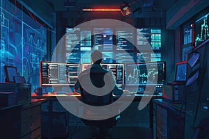 A hacker focuses intently at multiple computer screens in a dimly lit room, immersed in data analysis and coding during