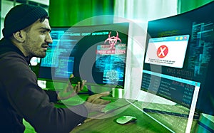 Hacker, fraud and man with credit card at computer for phishing, scam or malware. Confused, neon dashboard and criminal