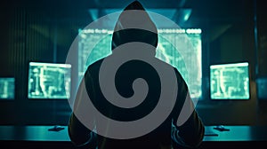 Hacker in front of a computer with many data on the screens the hacker is wearing a dark hoodie