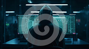Hacker in front of a computer with many data on the screens the hacker is wearing a dark hoodie