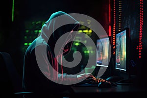 Hacker in front of his computer committing digital cybercrime. Generative AI.