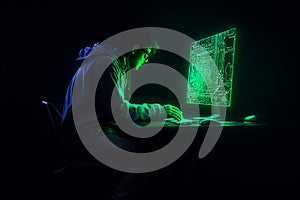hacker front of his computer committing digital cybercrime. Generative AI