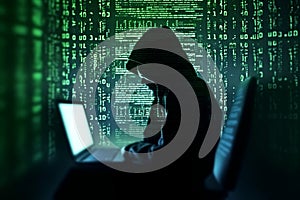 hacker front of his computer committing digital cybercrime. Generative AI