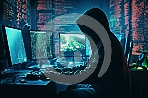 hacker front of his computer committing digital cybercrime. Generative AI