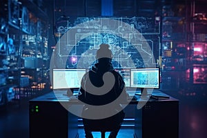hacker front of his computer committing digital cybercrime. Generative AI