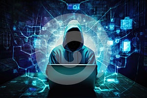 Hacker in front of laptop with glowing digital map on dark background, cyber security expert working on a laptop with digital