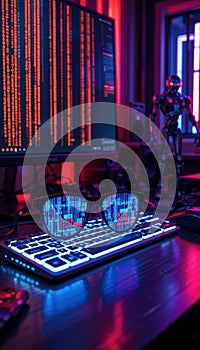 Hacker Glasses Reflecting Binary Code on Computer Keyboard