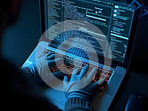 Hacker gloved hands using laptop computer, cyber attack risk concept