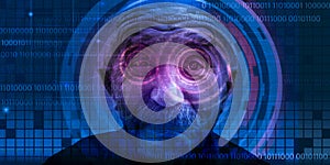 hacker grandfather with artificial eye, binary code, gloomy cyberspace atmosphere. humorous approach to concept of