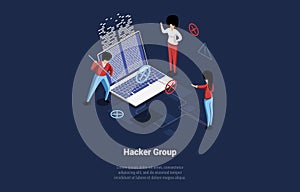 Hacker Group Concept Illustration In Cartoon 3D Style. Isometric Vector Composition On Dark Blue Background. Cyber