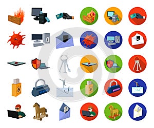 Hacker and hacking cartoon,flat icons in set collection for design. Hacker and equipment vector symbol stock web