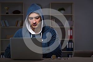 The hacker hacking the data late at night