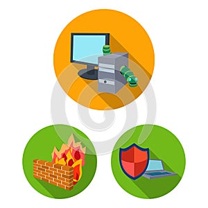 Hacker and hacking flat icons in set collection for design. Hacker and equipment vector symbol stock web illustration.