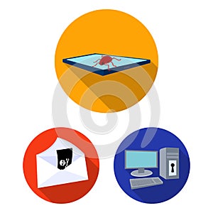 Hacker and hacking flat icons in set collection for design. Hacker and equipment vector symbol stock web illustration.