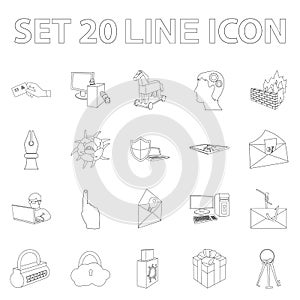 Hacker and hacking outline icons in set collection for design. Hacker and equipment vector symbol stock web illustration