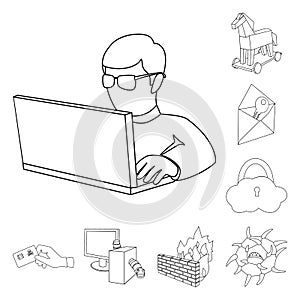 Hacker and hacking outline icons in set collection for design. Hacker and equipment vector symbol stock web illustration