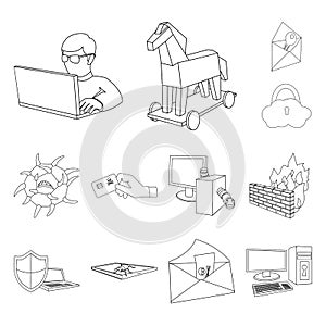 Hacker and hacking outline icons in set collection for design. Hacker and equipment vector symbol stock web illustration