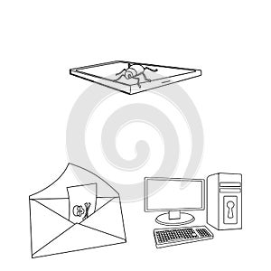 Hacker and hacking outline icons in set collection for design. Hacker and equipment vector symbol stock web illustration