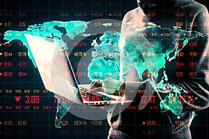 Hacker hand using laptop with glowing digital blue map on background. Global connection network and interface concept