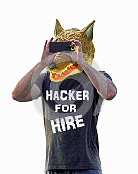 Hacker for hire big bad wolf internet online pest danger scam fake false friend web troll camera