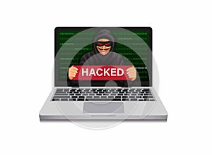 Hacker holding hacked sign on laptop with coding code. hacking security system symbol concept in cartoon illustration vector on wh