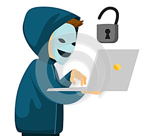 A hacker holding a laptop.