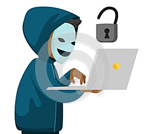 A hacker holding a laptop.